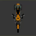 Orange Vintage Motorcycle Featuring Silver Frame Black Leather Seat Round Headlight and Green Rolled Bag