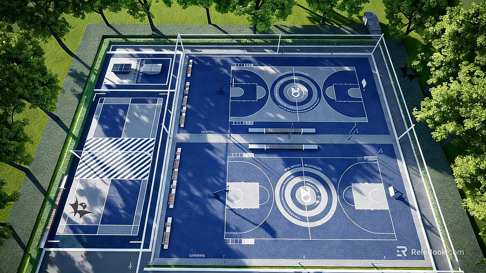 Outdoor Modern Basketball Court With Two Courts Blue Flooring White Lines And Surrounding Trees 3d model 