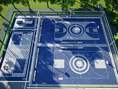 Outdoor Modern Basketball Court With Two Courts Blue Flooring White Lines And Surrounding Trees 3d model