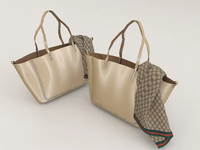 Chic Beige Tote Bags With Stitch Details And Patterned Scarf 3d model