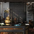 Traditional Chinese Specialty Store With Wooden Drawers Ceramic Bowls Teapot And Display Cabinets