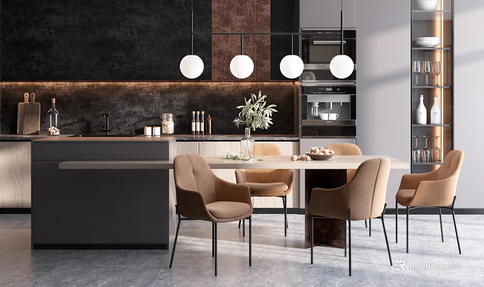 Modern Dining Table Set With Beige Chairs Pendant Lights And Kitchen Cabinets Interior 3d model 