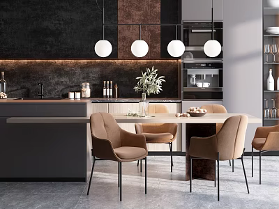Modern Dining Table Set With Beige Chairs Pendant Lights And Kitchen Cabinets Interior 3d model