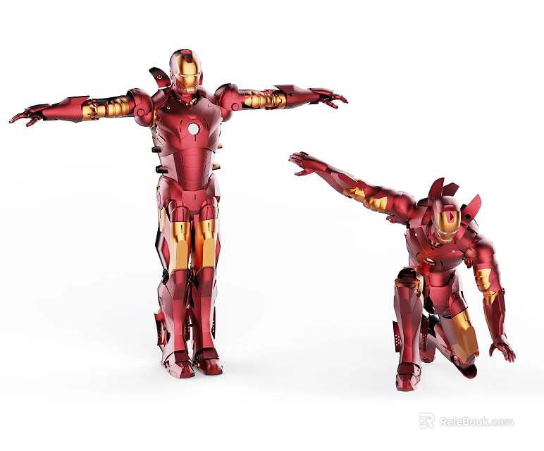 Two Iron Man Action Figures In Dynamic Poses With Red And Gold Armor 3d model 