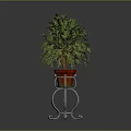 Green Leafy Plant In Red Flower Pot On Metal Stand With Curved Legs