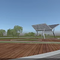 Modern Pergola With Glass Roof Metal Frame And Wooden Deck In Outdoor Park With Trees