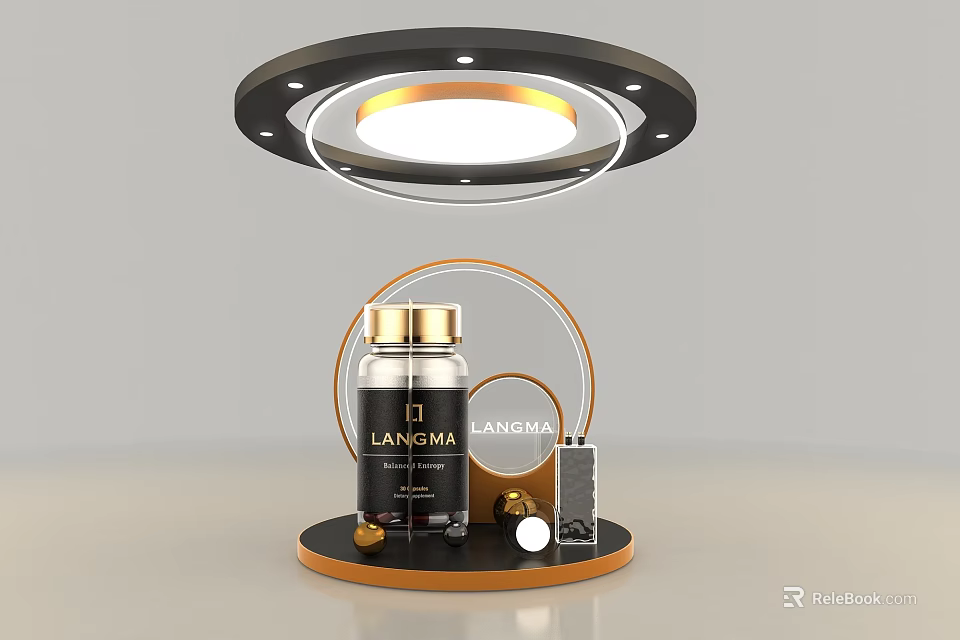 Modern Display Stand With LANOMA Bottle Circular Lighting And Decorative Elements 3d model 