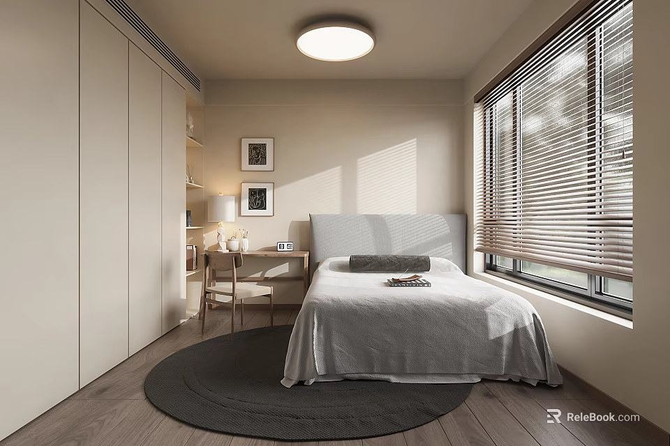 Modern Bedroom Interior With Gray Bedspread Round Rug Built in Wardrobes And Window Blinds 3d model 