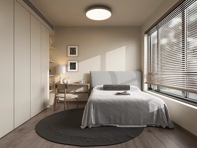 Modern Bedroom Interior With Gray Bedspread Round Rug Built in Wardrobes And Window Blinds 3d model