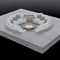 Modern Round White Sofa and Coffee Table Set With Cozy Pillows and Central Fireplace