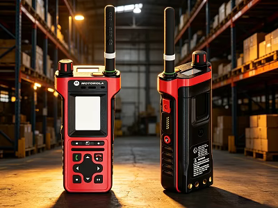 Red and Black Industrial Two Way Radios in Warehouse with Shelves and Boxes 3d model