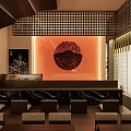 Modern Japanese Restaurant Interior With Marble Counter Seating And Decorative Panel