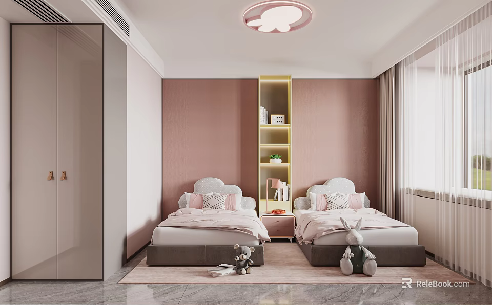 Children's Room Interior Design With Twin Beds Pink Walls Bookshelf Cloud Lamp And Rabbit Plush Toys 3d model 