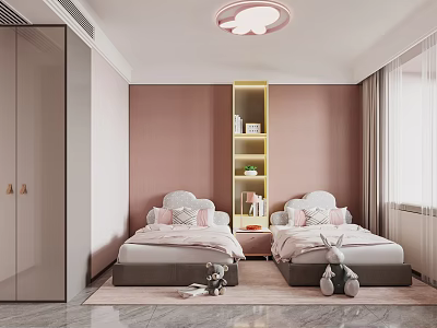 Children's Room Interior Design With Twin Beds Pink Walls Bookshelf Cloud Lamp And Rabbit Plush Toys 3d model