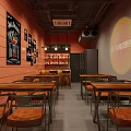Red Brick Cafe Storefront Featuring Glass Windows Signboard Tables Chairs Inside At Night Plaza Streetlights