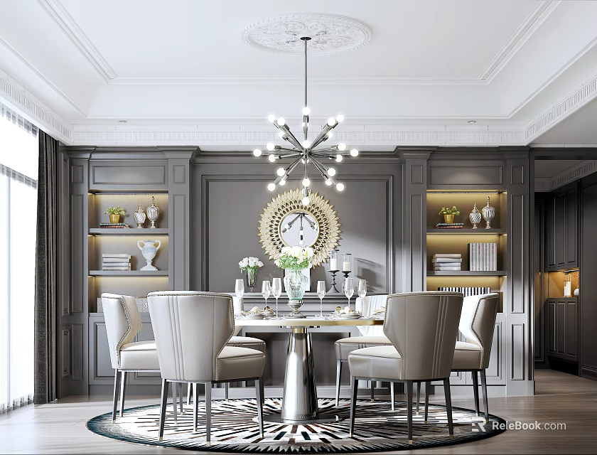 Elegant Modern Dining Room Interior With Round Table Beige Chairs Chandelier And Decorative Mirror 3d model 