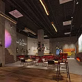 Industrial Bar Interior Design With Red Tables Chairs Black Ceiling Wall Sign And Projection Screen