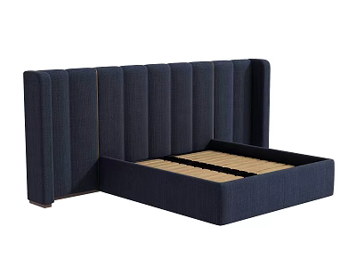 Navy Blue Double Bed With Vertical Tufted Headboard And Storage Frame Wooden Slats Inside 3d model
