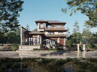 Traditional Two Story Detached Villa With Large Windows Surrounded By Trees And Greenery 3d model