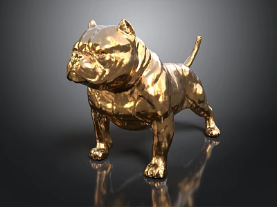 Golden Bulldog Statue Shiny Metallic Finish Standing Pose With Reflection On Black Surface 3d model