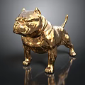 Golden Bulldog Statue Shiny Metallic Finish Standing Pose With Reflection On Black Surface