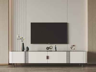 Modern White TV Stand With TV And Decorative Items On Minimalist Wall 3d model