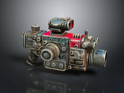 Mechanical Computer Peripheral with Metallic Texture Red Parts Multiple Lenses and STALKER Logo 3d model
