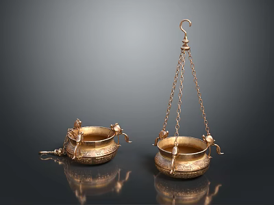 Antique Golden Decorative Vessels With Chains Hooks And Intricate Carvings 3d model