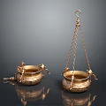 Antique Golden Decorative Vessels With Chains Hooks And Intricate Carvings