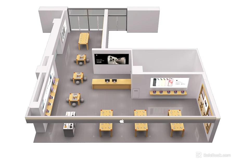 Modern Store Interior With Tables Display Cabinets Glass Windows And Open Layout 3d model