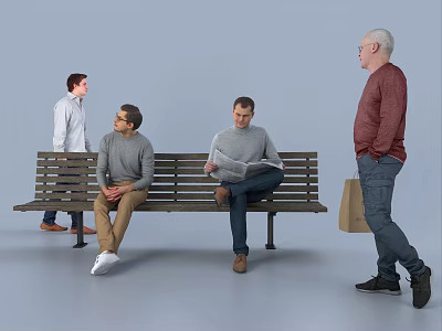 Group of People Sitting on Wooden Bench and Standing Nearby Reading Newspaper 3d model