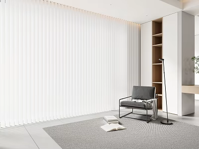 Modern Accent Chair In Bright Room With White Blinds Floor Lamp Bookshelf And Gray Rug 3d model