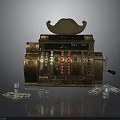 Vintage Brass Cash Register With Scattered Coins And Banknotes On Table