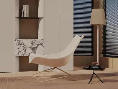 Upholstered Cream Lounge Chair in Modern Interior With Side Table Floor Lamp and Marble Wall 3d model