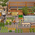 Diverse Crops Growing In Greenhouse With Various Plants Farm Tools And Bamboo Structures