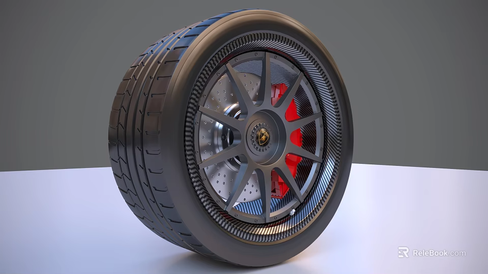 Car Tire With Alloy Wheel Rim Red Brake Calipers Silver Spokes And Gold Center Logo 3d model 