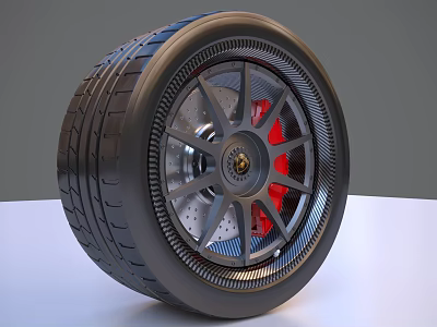 Car Tire With Alloy Wheel Rim Red Brake Calipers Silver Spokes And Gold Center Logo 3d model