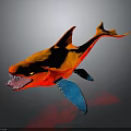 Shark With Orange And Red Gradient Blue Fins Open Mouth Sharp Teeth On Dark Background