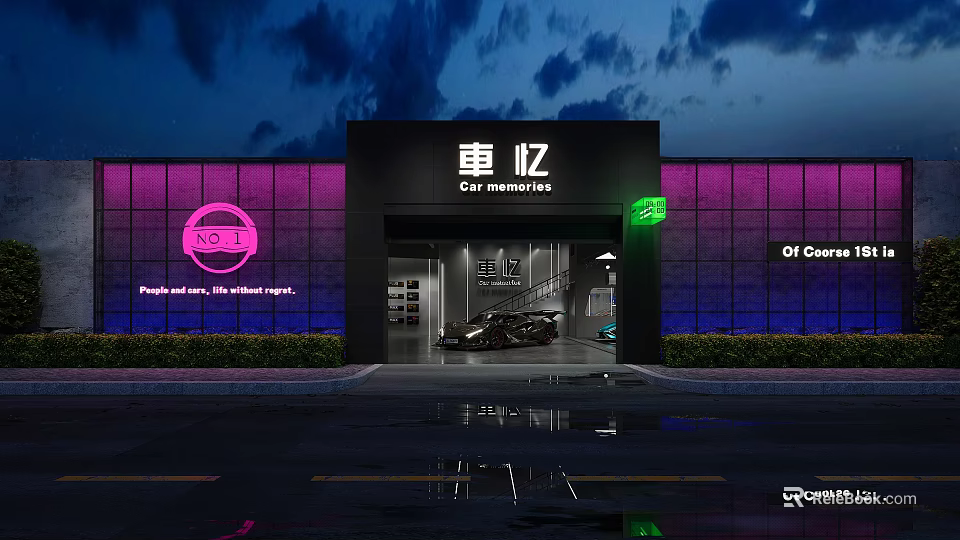 Stylish Night Scene 4S Car Store With Vibrant Neon Lights Displaying Premium Luxury Supercars 3d model 