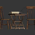 Vintage Wooden Furniture Set With Two Chairs Small Table And Scroll Pen Paper