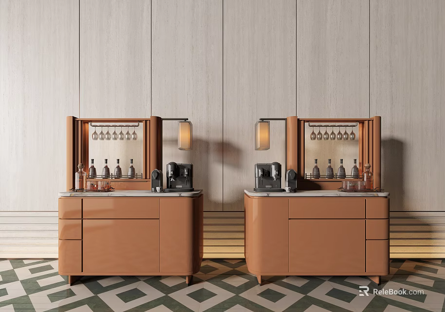 Dual Leather Brown Wine Cabinets With Wine Glass Racks Table Lamps And Geometric Floor 3d model 