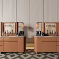 Dual Leather Brown Wine Cabinets With Wine Glass Racks Table Lamps And Geometric Floor