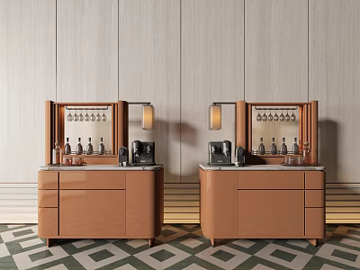 Dual Leather Brown Wine Cabinets With Wine Glass Racks Table Lamps And Geometric Floor 3d model
