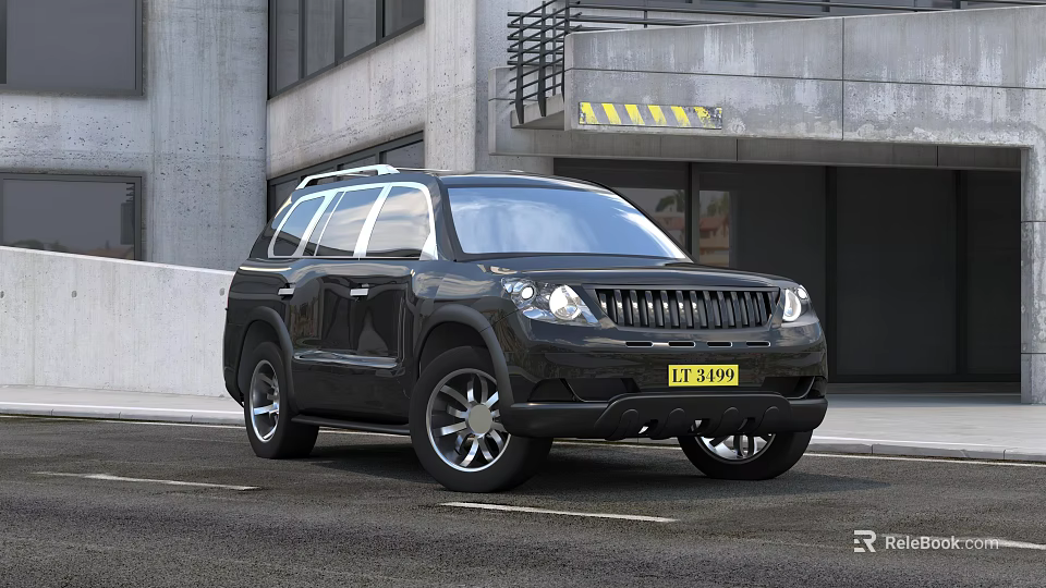 Black SUV Exterior Parked On Street With Modern Concrete Building Background 3d model 
