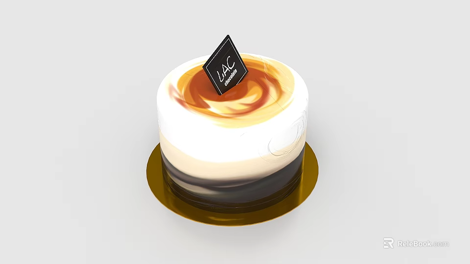Delicious Creamy Cake With White Brown Swirl Topping Black Card And Golden Tray Base 3d model 