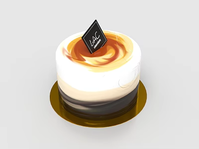 Delicious Creamy Cake With White Brown Swirl Topping Black Card And Golden Tray Base 3d model
