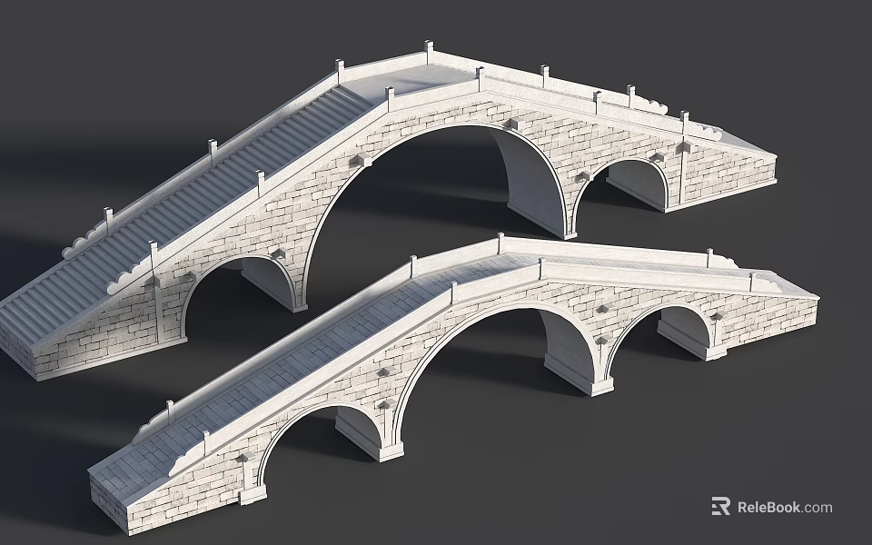 Elegant Traditional Stone Arch Landscape Bridge With Staircase And Railings 3d model 