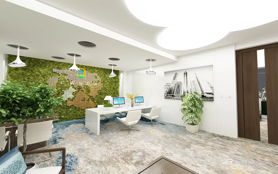 Modern Public Office Space Featuring Green Wall Work Desks Computers Chairs And Artwork 3d model 