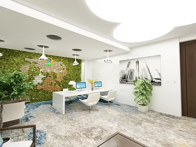 Modern Public Office Space Featuring Green Wall Work Desks Computers Chairs And Artwork 3d model
