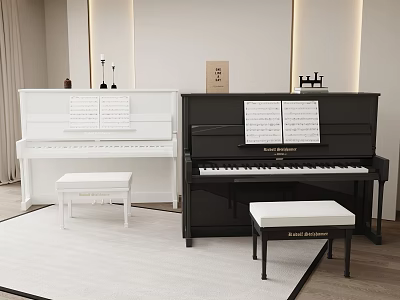 Musical Instruments White And Black Pianos With Stools And Music Sheets In Modern Interior 3d model